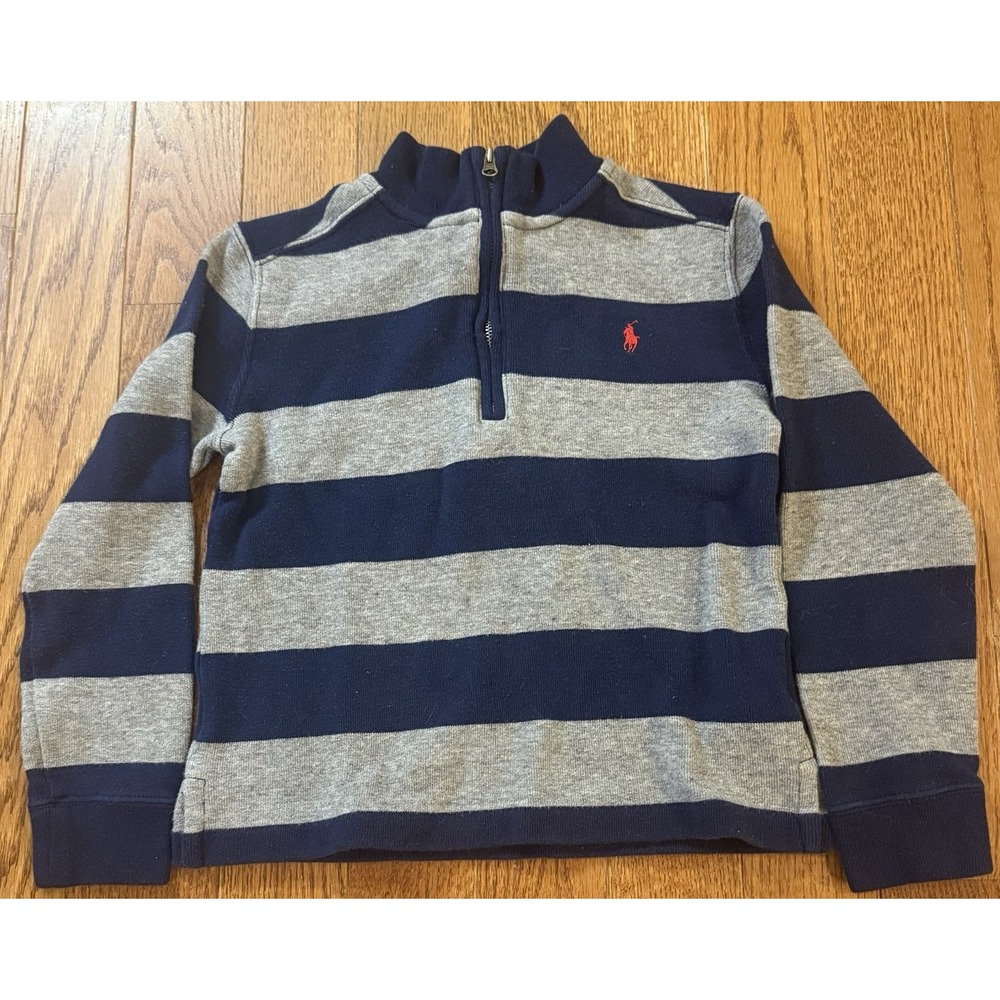 Polo Ralph Lauren Kids Sweater Size 7 Blue & Grey Striped 1/4 Zip Mock Neck
